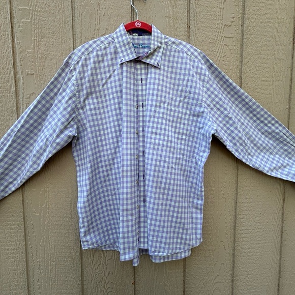 Alan Flusser Blue and White Dress Shirt with Classic Gingham Pattern - Picture 10 of 10